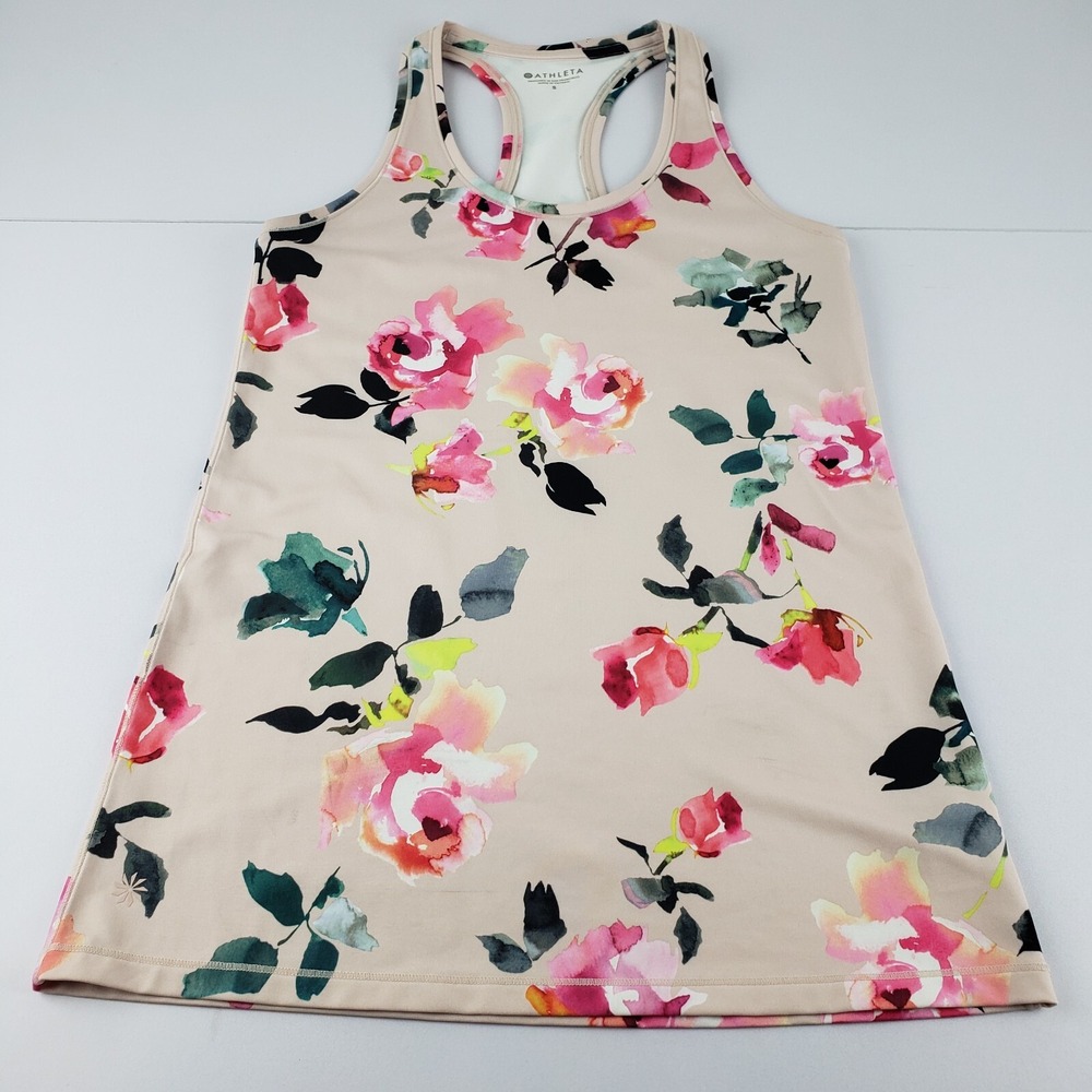 Athleta Tank Top Womens Small Shanti Pink Floral Printed Racerback Shirt Stretch - Picture 1 of 8